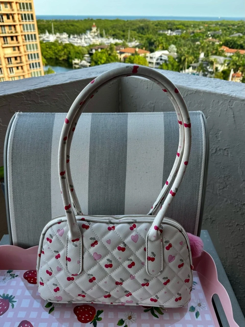 Under One Sky NWT Cherry Heart Quilted Satchel Bag Pink Charm